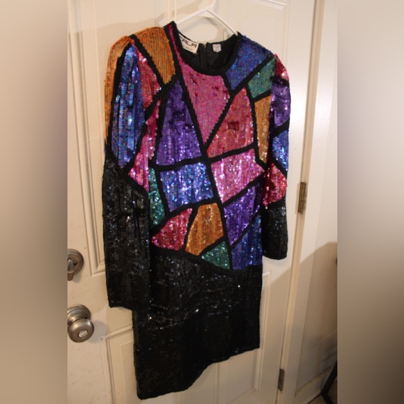 VTG 1980's Scala Geometric Mosaic Abstract Colored Sequin Party Dress SIZE SMALL - Picture 2 of 4